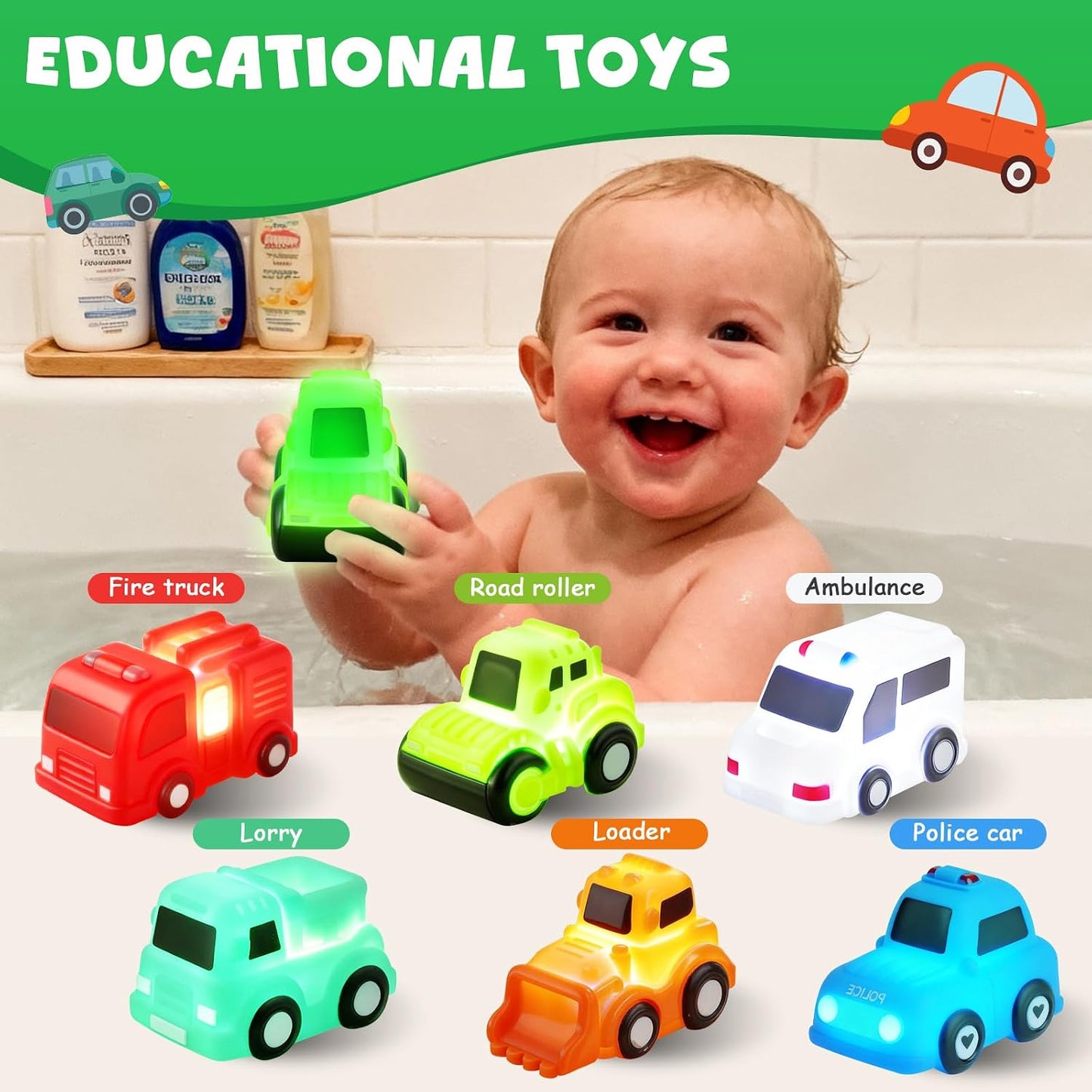 Baby Bath Toys🚗 – 6 Pack Light Up Bath Cars , Kids’ Bathtub Play & Halloween Gifts