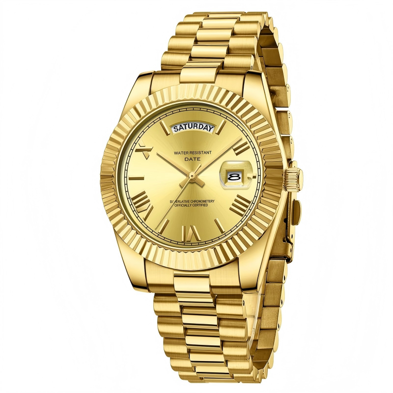 Luxury Dress Watch, rose gold Dial, Stainless Steel Band, Rotating Quartz Analog Waterproof Luminous