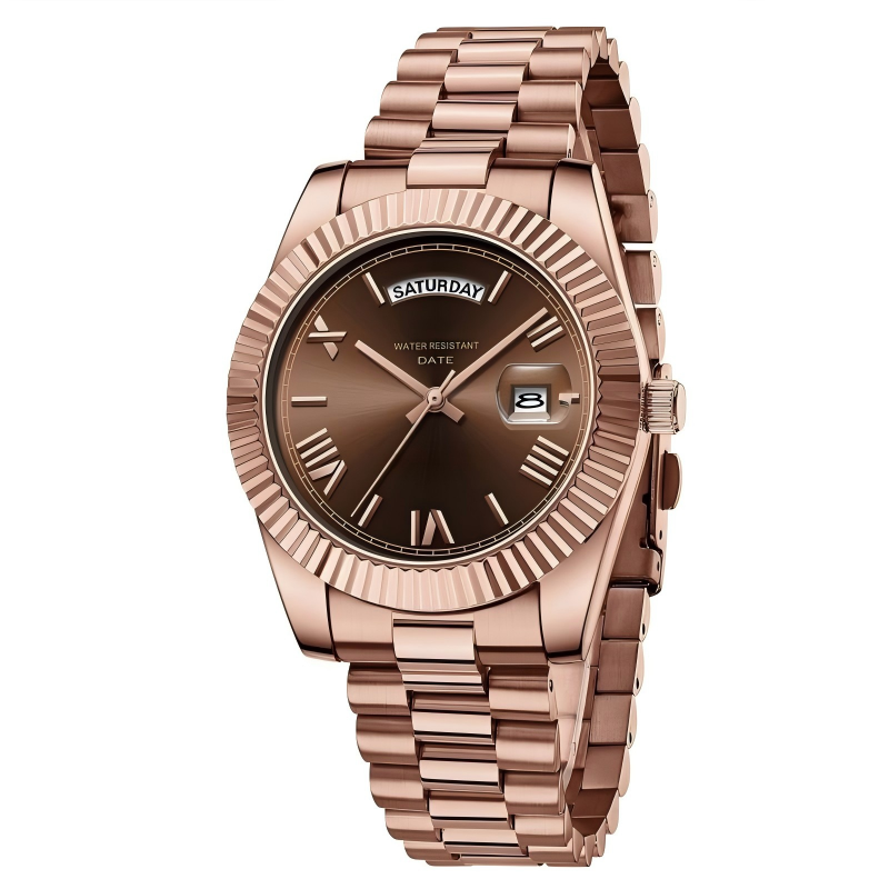 Luxury Dress Watch, rose gold Dial, Stainless Steel Band, Rotating Quartz Analog Waterproof Luminous