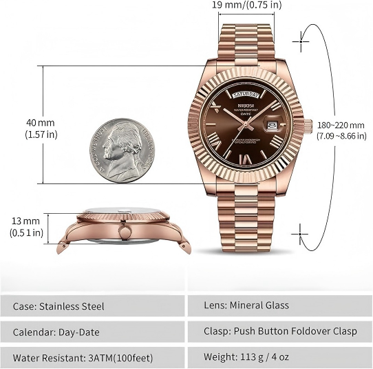 Luxury Dress Watch, rose gold Dial, Stainless Steel Band, Rotating Quartz Analog Waterproof Luminous