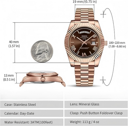 Luxury Dress Watch, rose gold Dial, Stainless Steel Band, Rotating Quartz Analog Waterproof Luminous