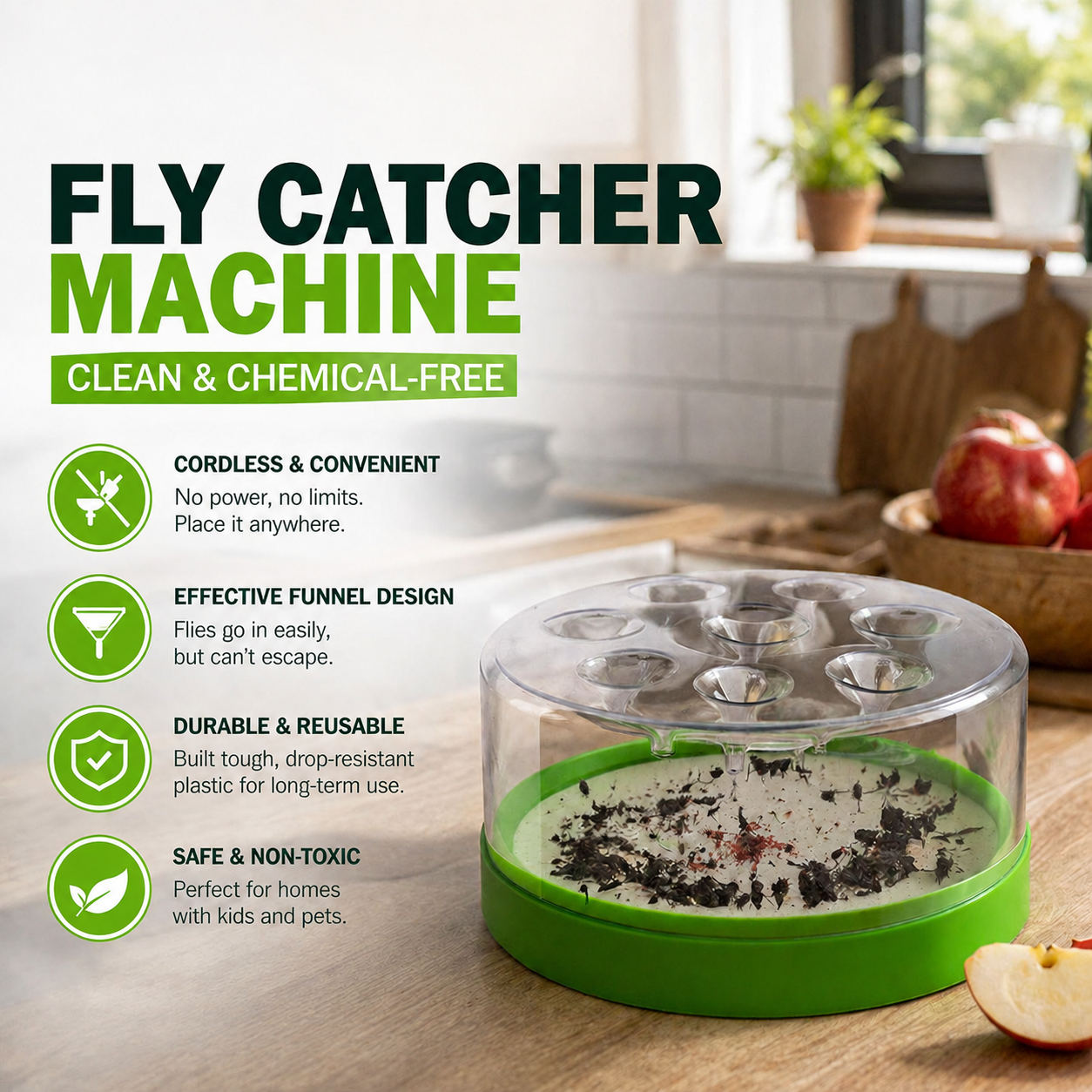 Reusable fly trap—no electricity, no poison! 🏠 Safe to use in the kitchen and around children and pets