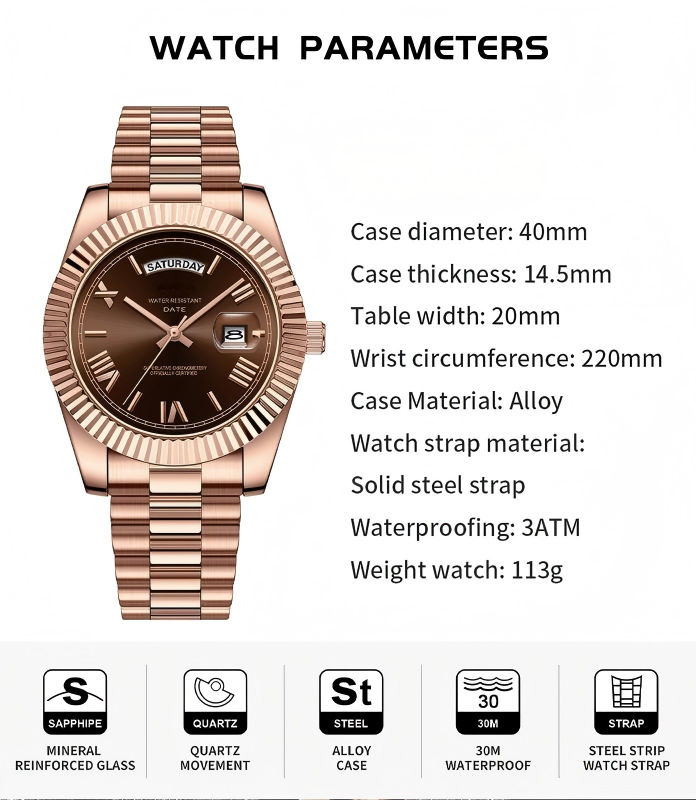 Luxury Dress Watch, rose gold Dial, Stainless Steel Band, Rotating Quartz Analog Waterproof Luminous