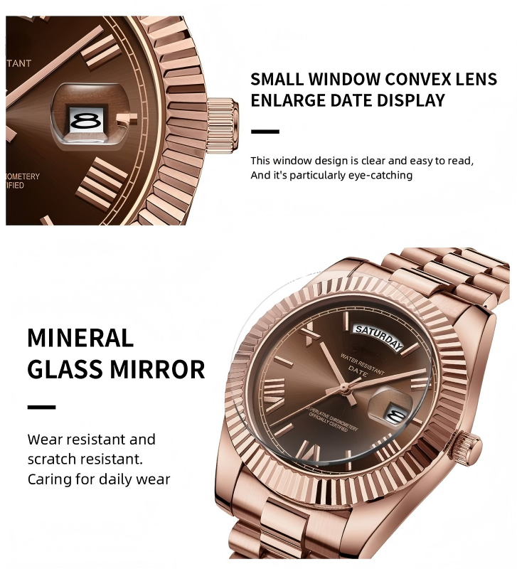 Luxury Dress Watch, rose gold Dial, Stainless Steel Band, Rotating Quartz Analog Waterproof Luminous