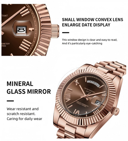 Luxury Dress Watch, rose gold Dial, Stainless Steel Band, Rotating Quartz Analog Waterproof Luminous