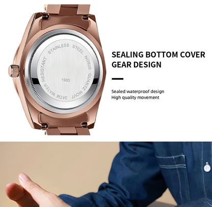 Luxury Dress Watch, rose gold Dial, Stainless Steel Band, Rotating Quartz Analog Waterproof Luminous