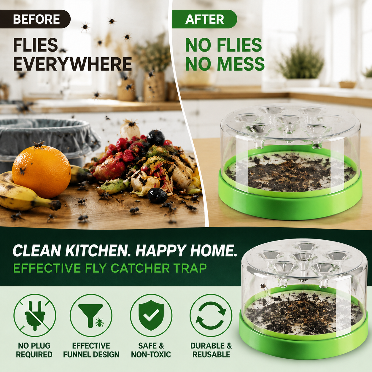Reusable fly trap—no electricity, no poison! 🏠 Safe to use in the kitchen and around children and pets