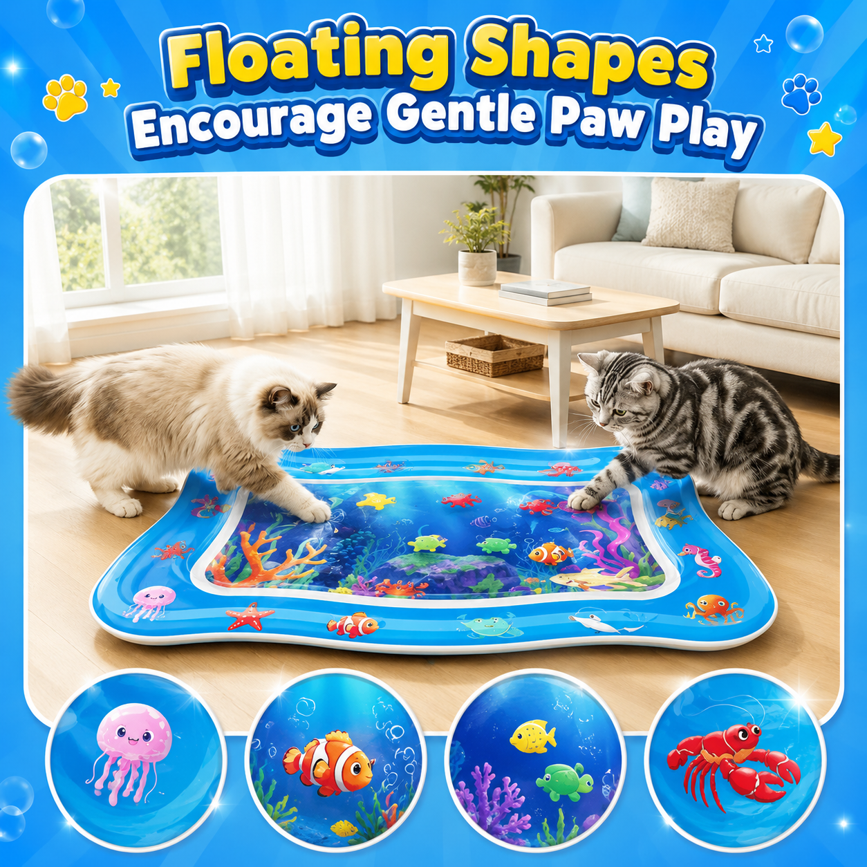 Cat Water Sensory Play Mat — Interactive Ocean Fish Toy for Bored Indoor Cats & Kittens