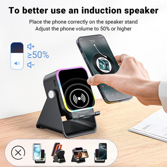 🎶 5-in-1 Wireless Induction Bluetooth Speaker with Adjustable Phone Stand📱