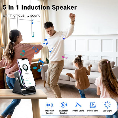 🎶 5-in-1 Wireless Induction Bluetooth Speaker with Adjustable Phone Stand📱