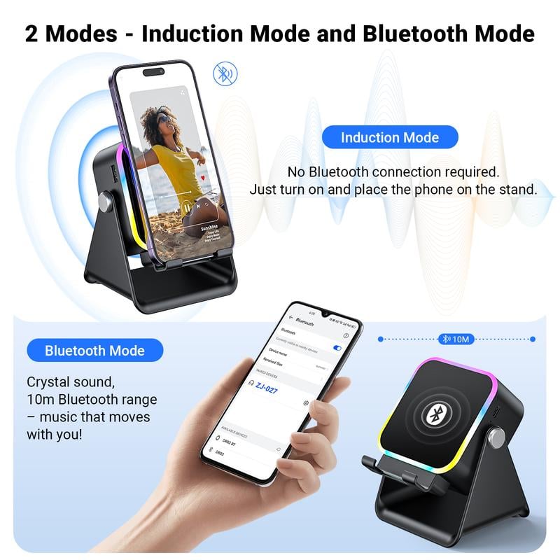 🎶 5-in-1 Wireless Induction Bluetooth Speaker with Adjustable Phone Stand📱