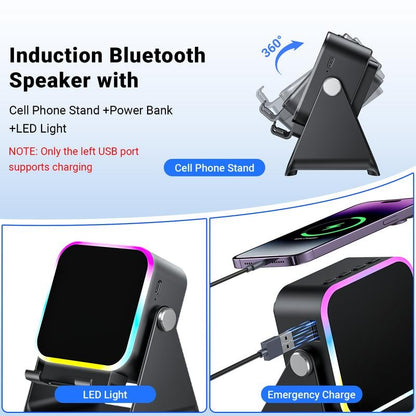 🎶 5-in-1 Wireless Induction Bluetooth Speaker with Adjustable Phone Stand📱