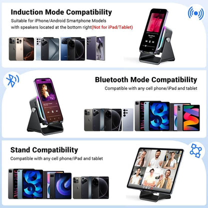 🎶 5-in-1 Wireless Induction Bluetooth Speaker with Adjustable Phone Stand📱