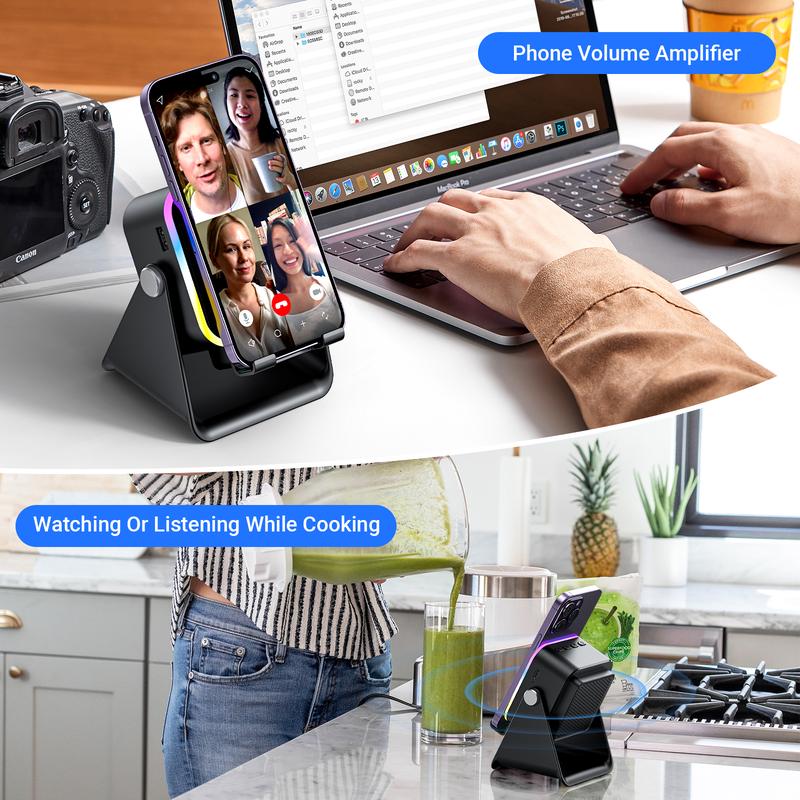 🎶 5-in-1 Wireless Induction Bluetooth Speaker with Adjustable Phone Stand📱