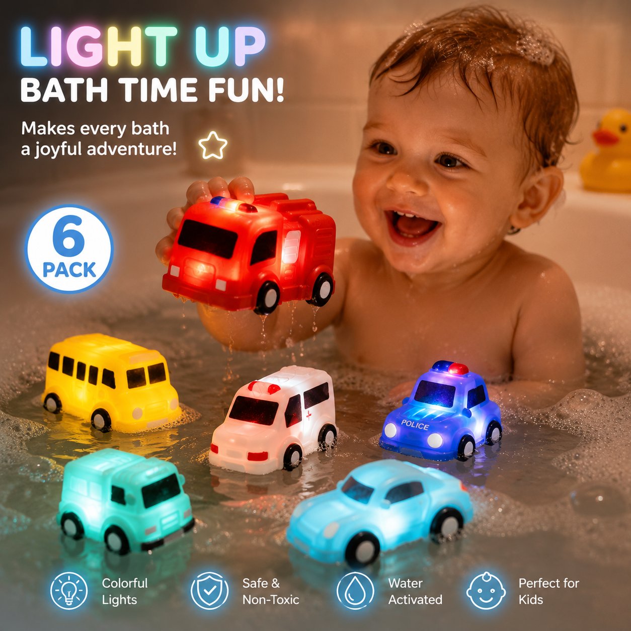 Baby Bath Toys🚗  – 6 Pack Light Up Bath Cars , Kids’ Bathtub Play & Halloween Gifts