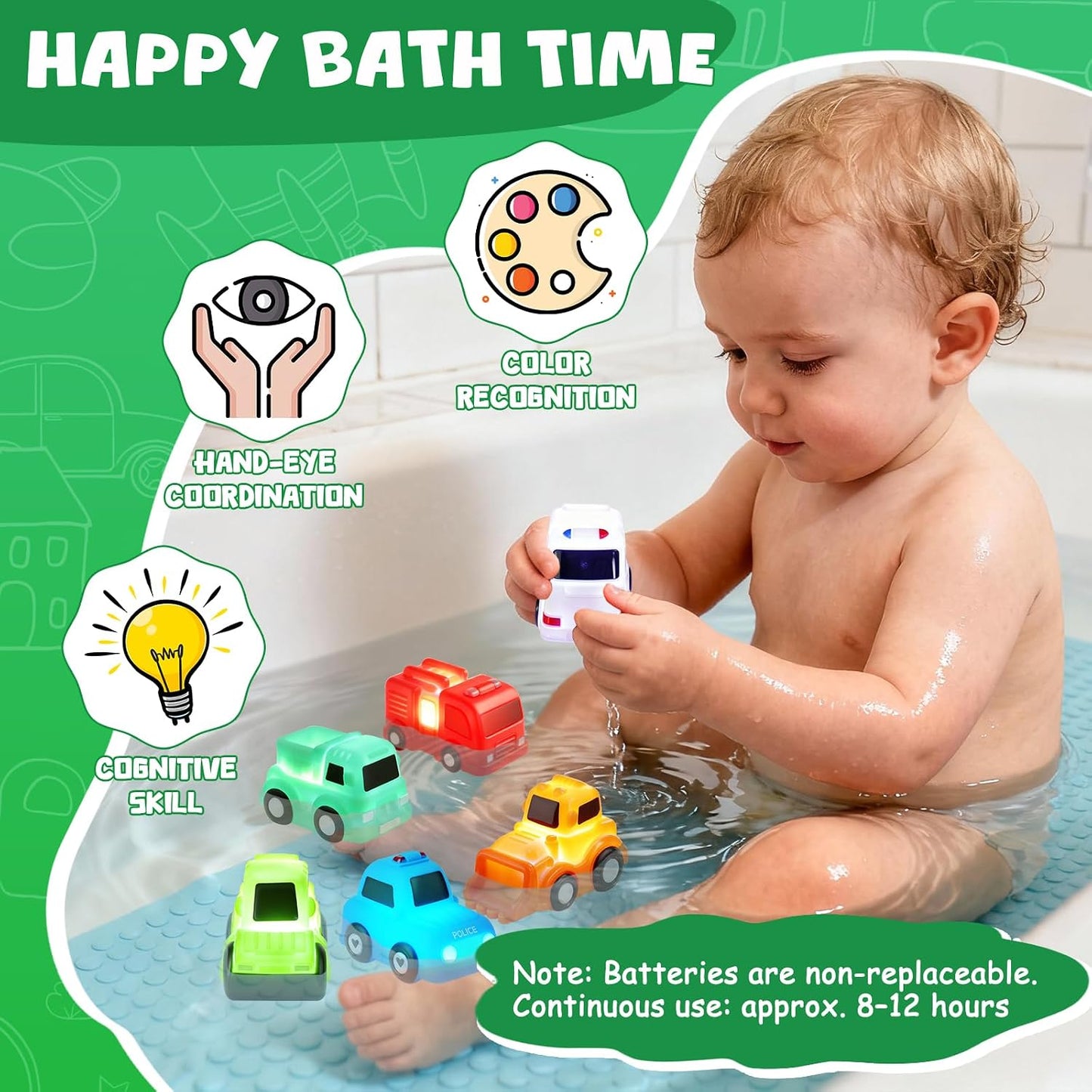 Baby Bath Toys🚗  – 6 Pack Light Up Bath Cars , Kids’ Bathtub Play & Halloween Gifts