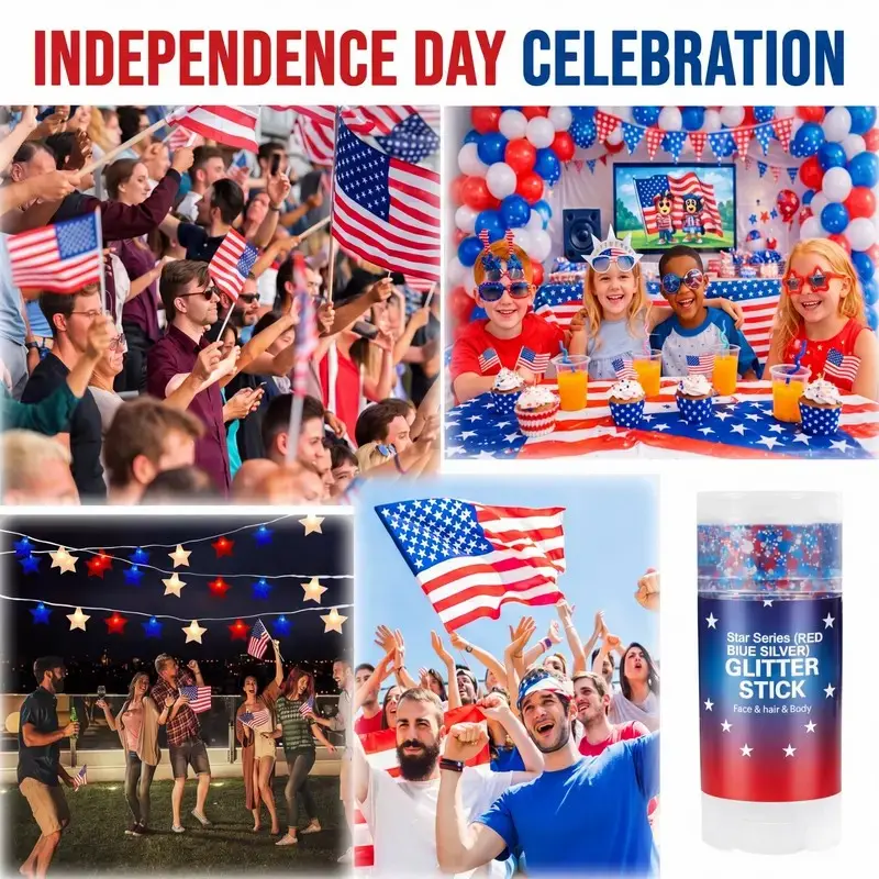 World Cup,Party, Independence Day,Festival & Fun Holiday | 3-in-1 Patriotic Glow😍✨Red, White & Blue Glitter Body Stick